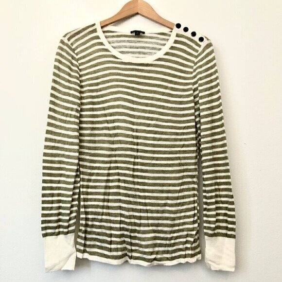 LAFAYETTE 148 NEW YORK Green Cream Ivory Striped LINEN Blend Lightweight Sweater - Picture 1 of 5